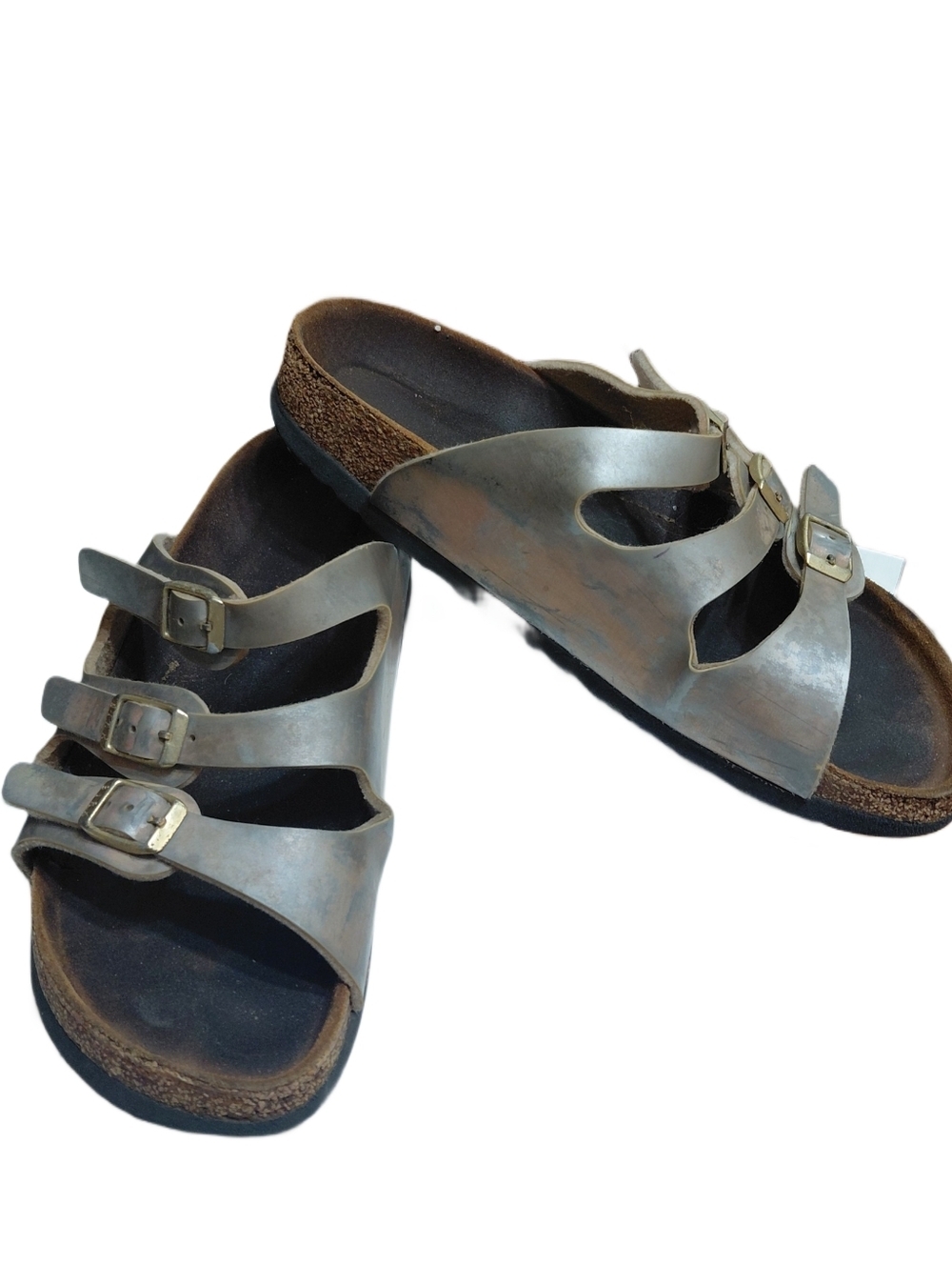 Birkenstock Metallic Pewter Florida Triple Buckle Women's Size 8 Slide Sandals